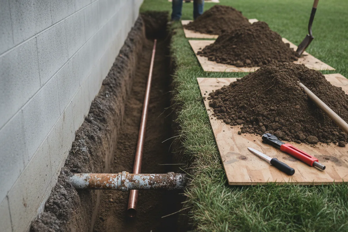 Excavated water line trench during Sewer Line Repair in Crestview
